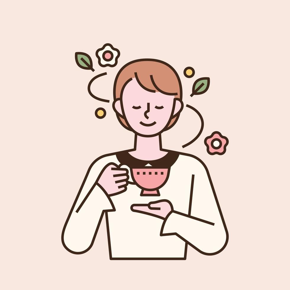 una mujer elegante está bebiendo té con una bonita taza en la mano. Ilustración de vector mínimo de estilo de diseño plano.