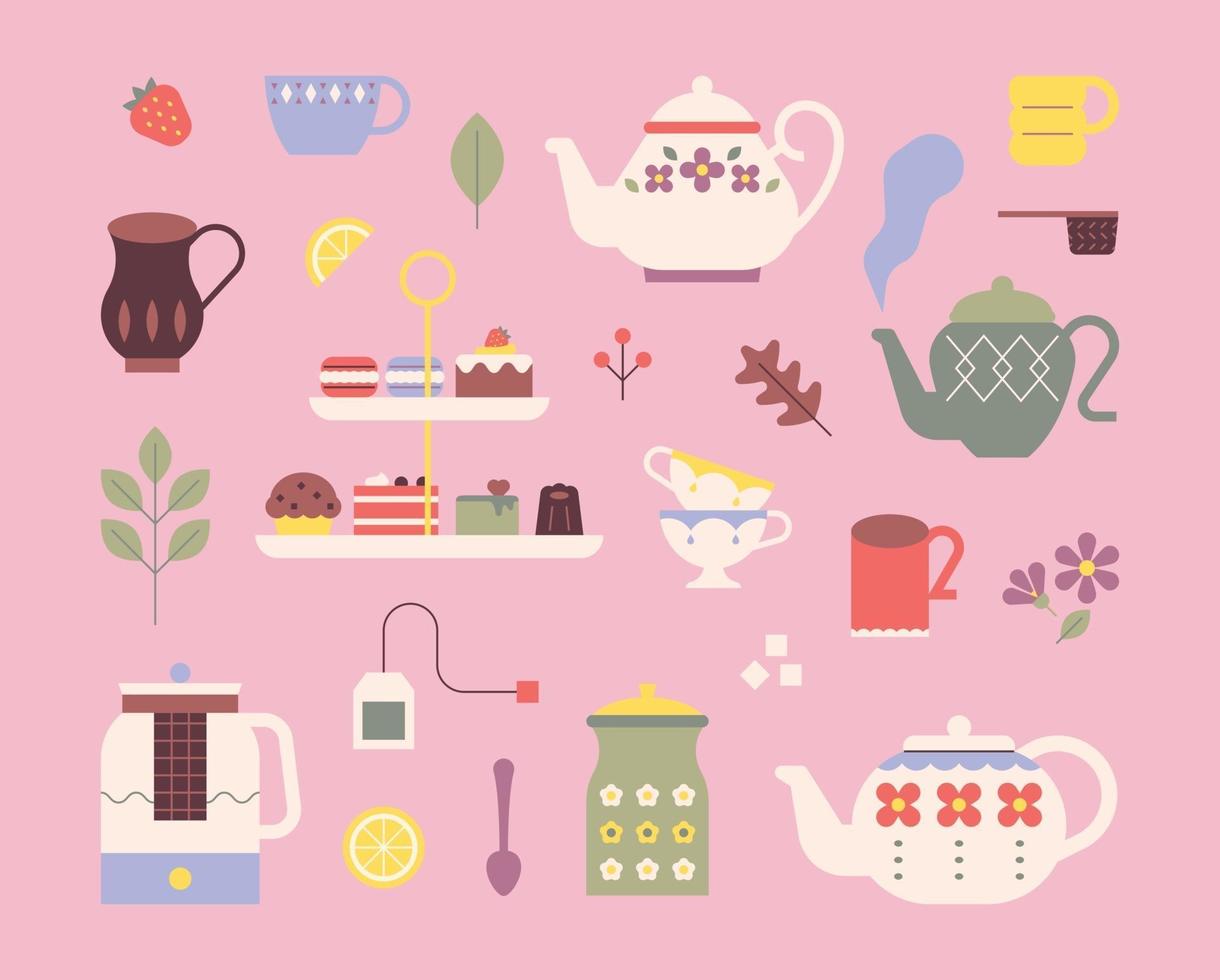 Cute tea set. Retro patterned teapots and sweet desserts. flat design style minimal vector illustration.