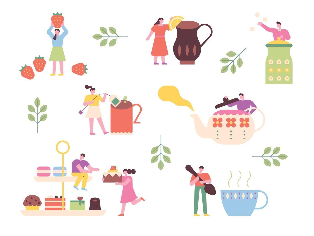 People are having tea time with giant teapots and desserts. flat design style minimal vector illustration.