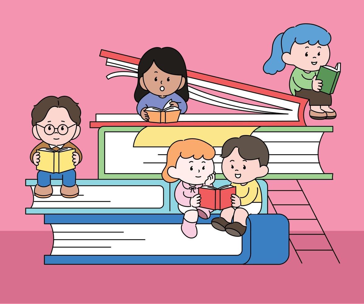There are large books piled up and cute characters are sitting and reading books. hand drawn style vector design illustrations.