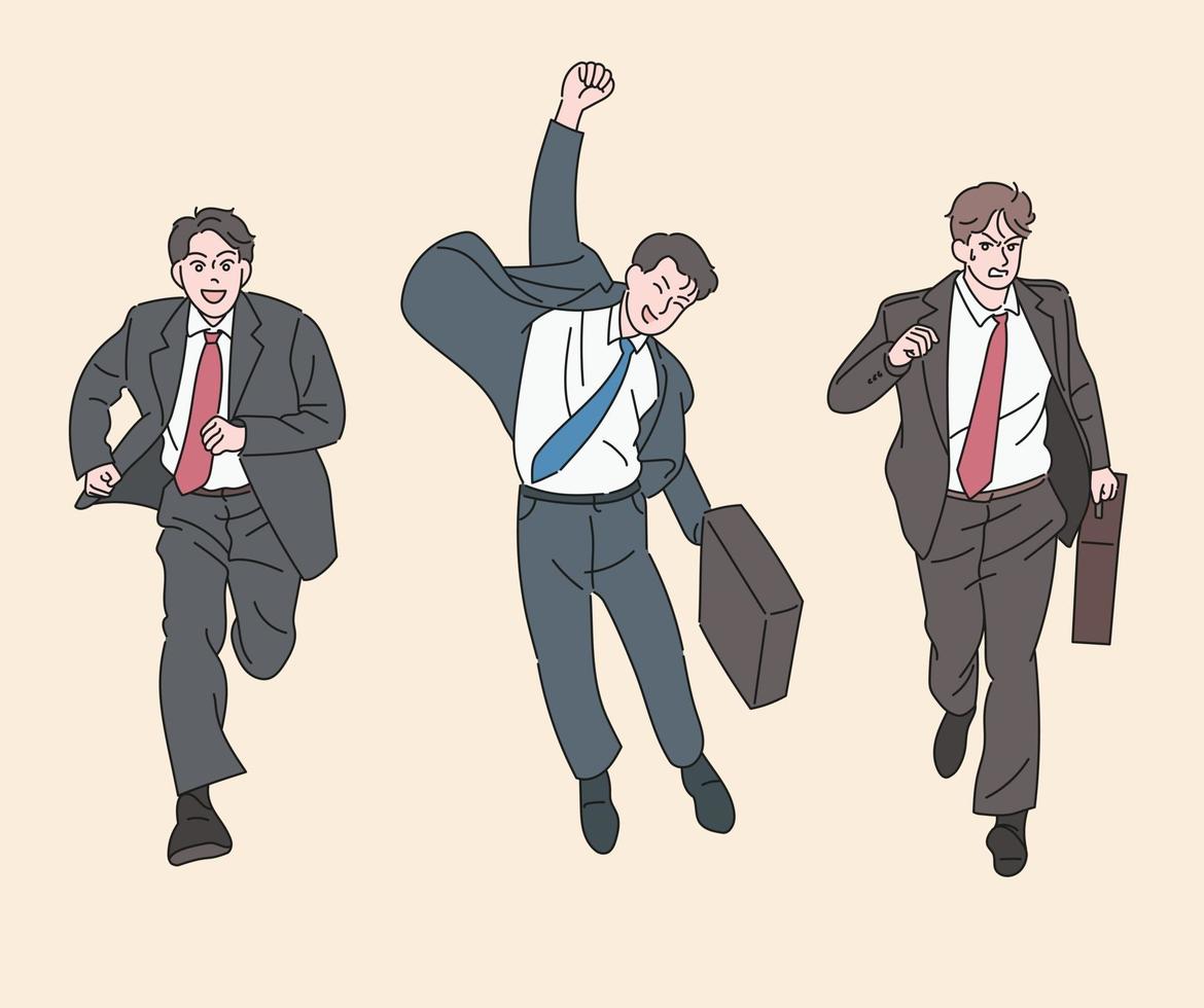 Men in suits are running excitedly. hand drawn style vector design illustrations.
