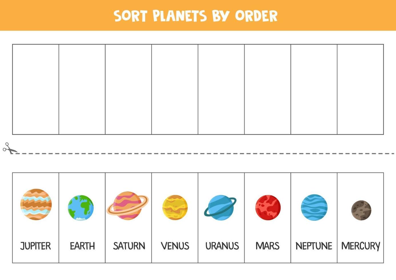 ordenar los planetas del sistema solar por orden. hoja de trabajo de espacio para niños. vector