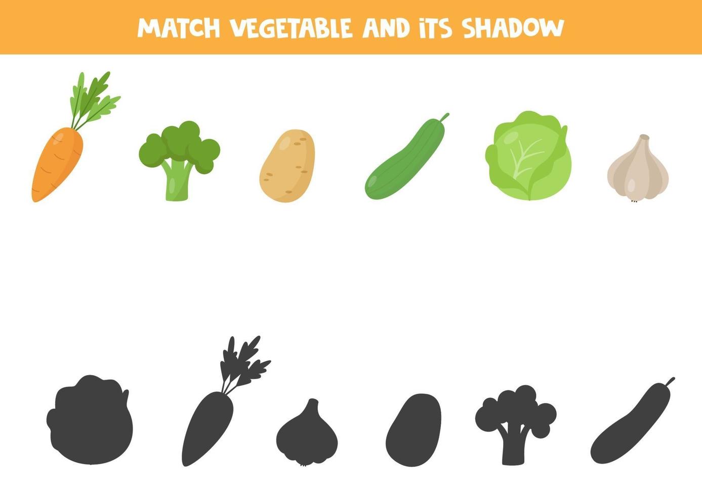 Matching game for kids. Vegetables and their shadows. vector