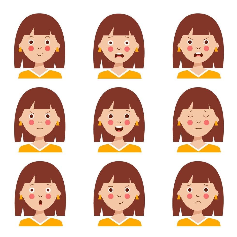 conjunto de varias expresiones faciales de la linda chica de pelo marrón de dibujos animados. vector