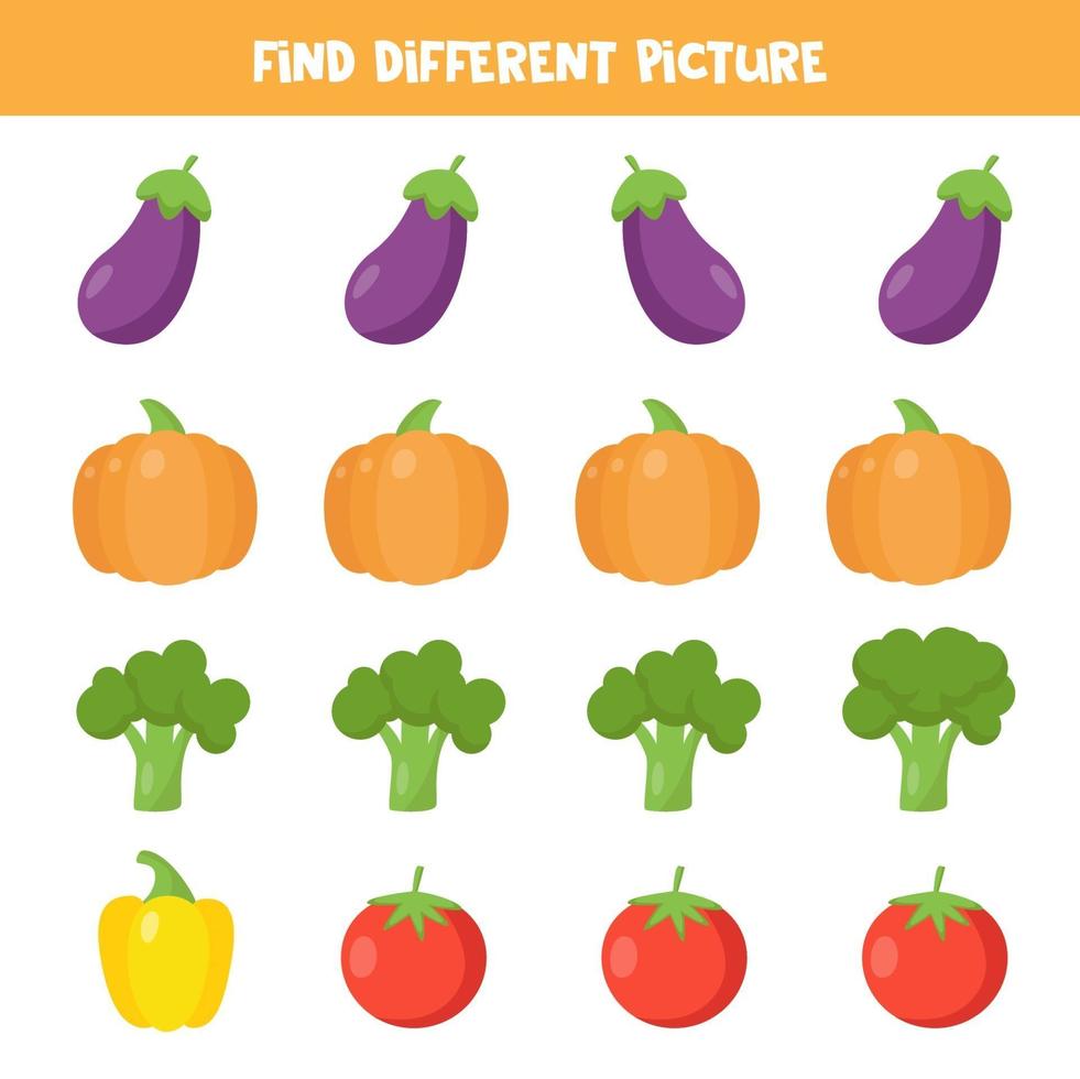 Find different vegetable in each row.  Educational worksheet for kids. vector