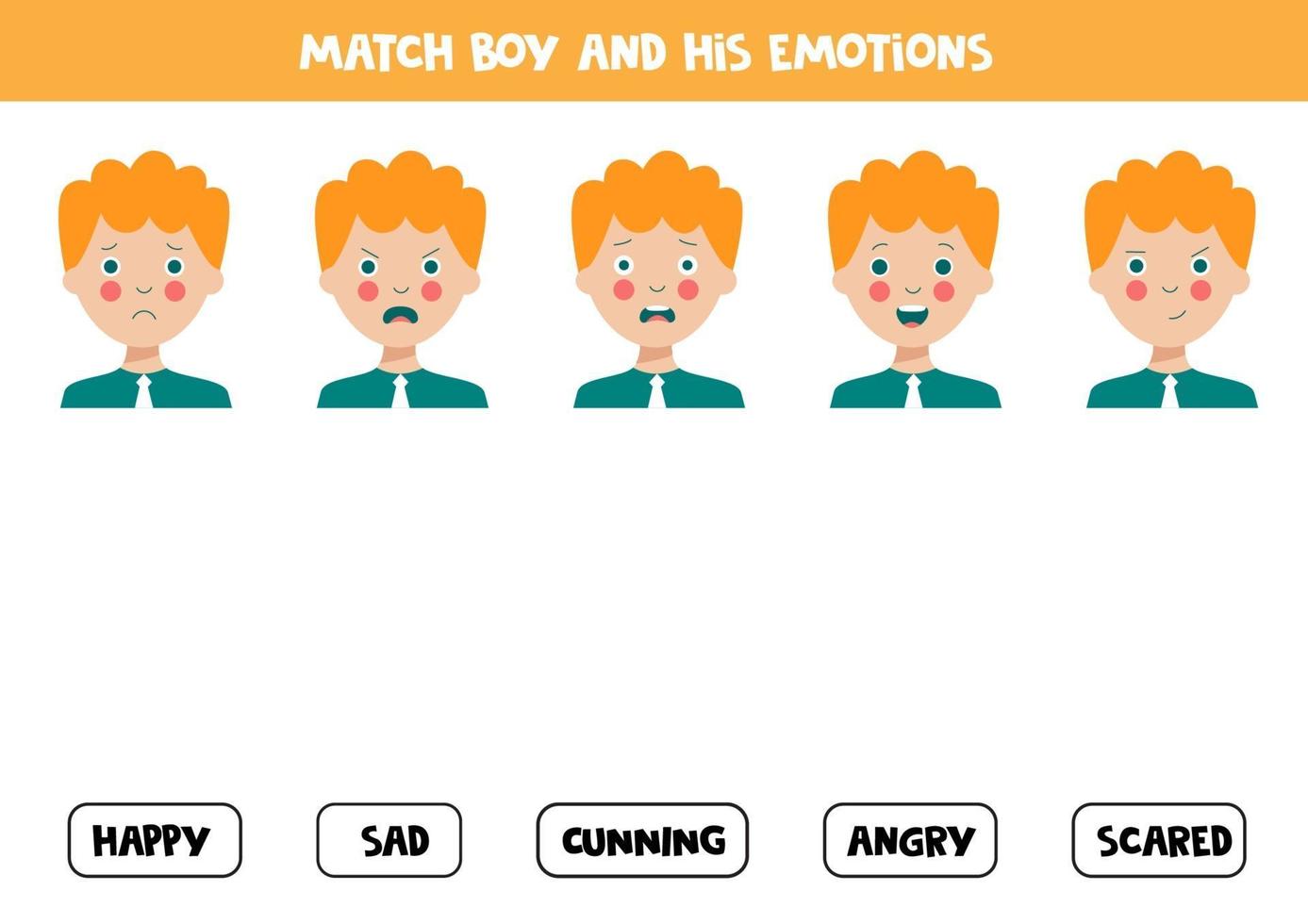 Match face expressions of boy with emotions. Logical worksheet. vector