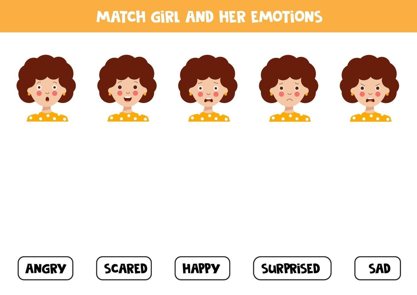 Match girls face expression and the written emotions. vector