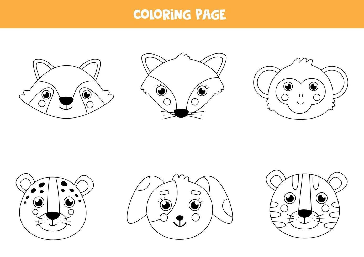 Color cute animal faces. Coloring page for children. vector