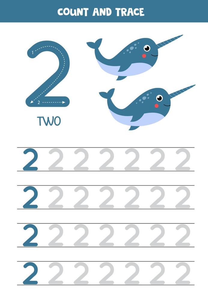Handwriting practice for kids. Number two. Cartoon narwhals. vector