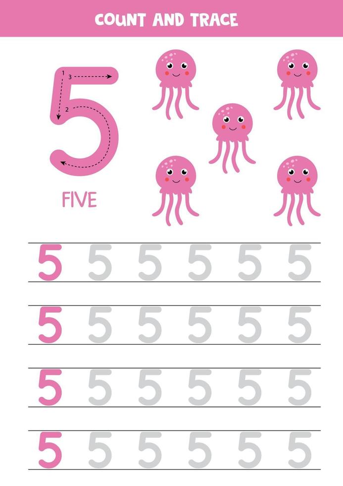 Handwriting practice for kids. Number five. Cartoon pink jelly fish. vector