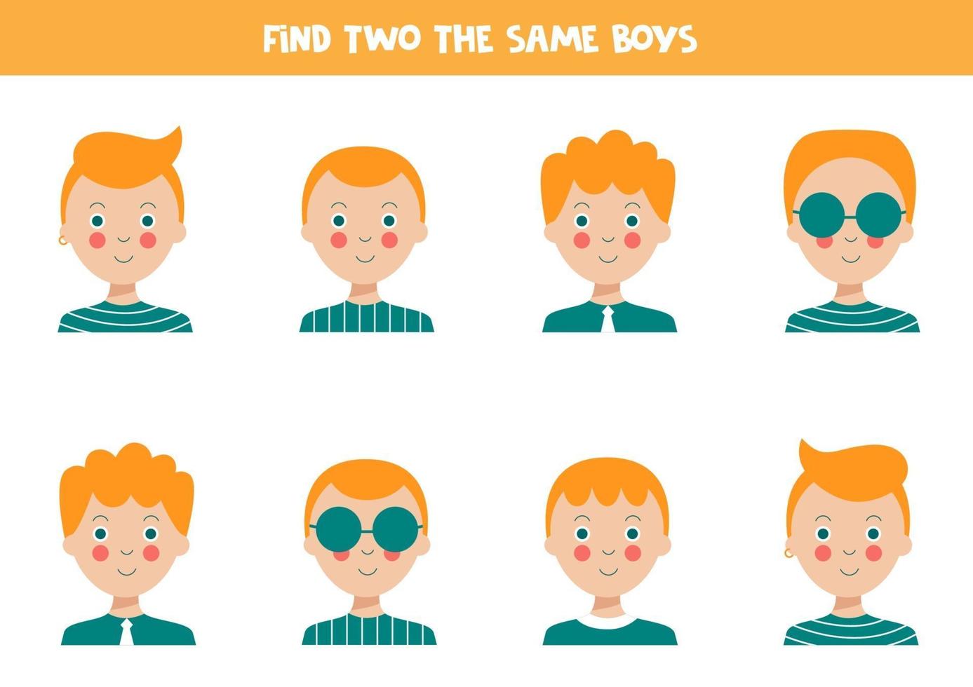 Find two identical boys. Educational worksheet for kids. vector