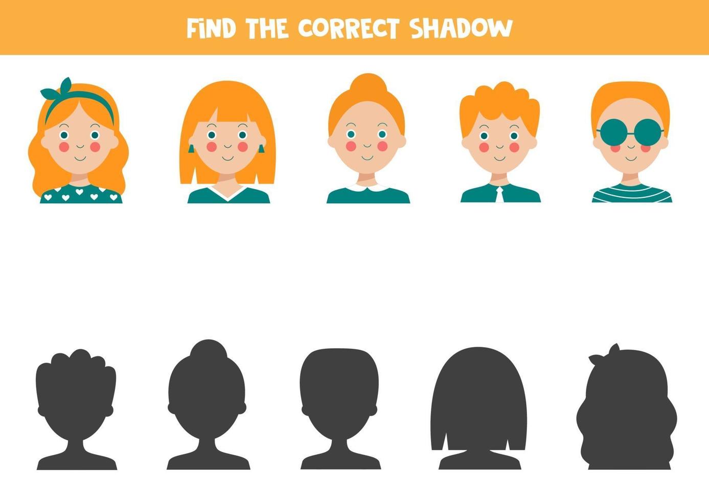 Find the right shadow of cute cartoon people. Educational game. vector
