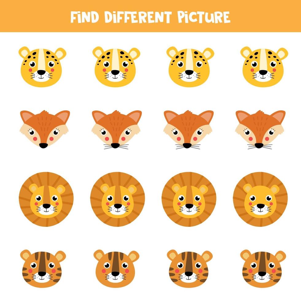 Find different picture in each row. Cute cartoon animal faces. vector