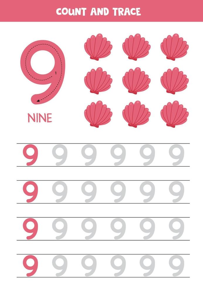 Worksheet for learning numbers with cartoon seashells. Number nine. vector