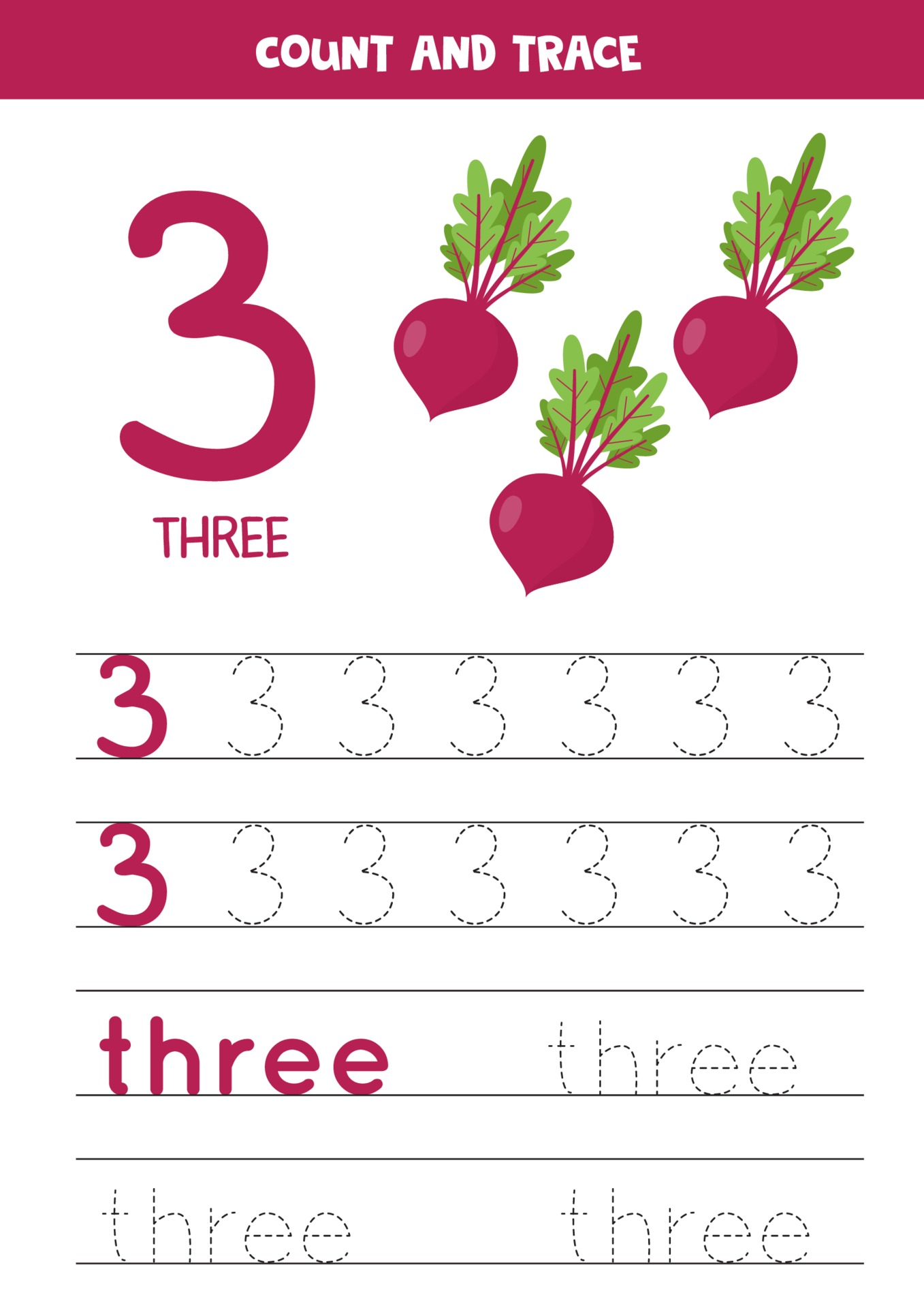 Tracing the word three and the number 3. Cartoon beets images. 2251201 Vector Art at Vecteezy Tracing the word three and the number 3. Cartoon beets images. 2251201 Vector Art at Vecteezy