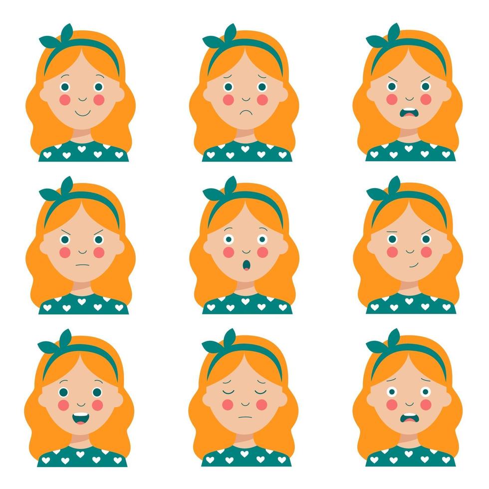 Set of various facial expressions of cute cartoon red haired girl. vector