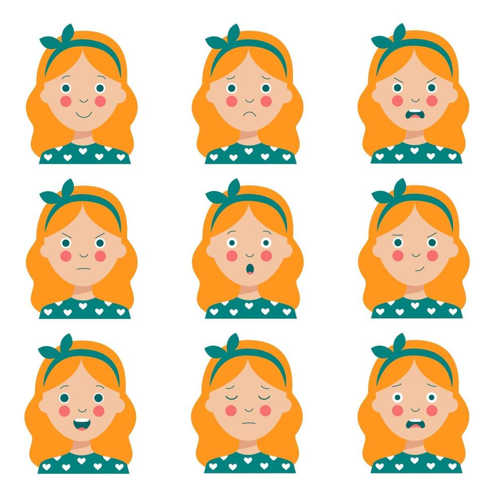 conjunto de varias expresiones faciales de la linda chica pelirroja de dibujos animados. vector