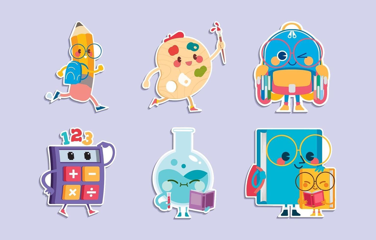 Cute School Cartoon Characters with Activities Stickers vector