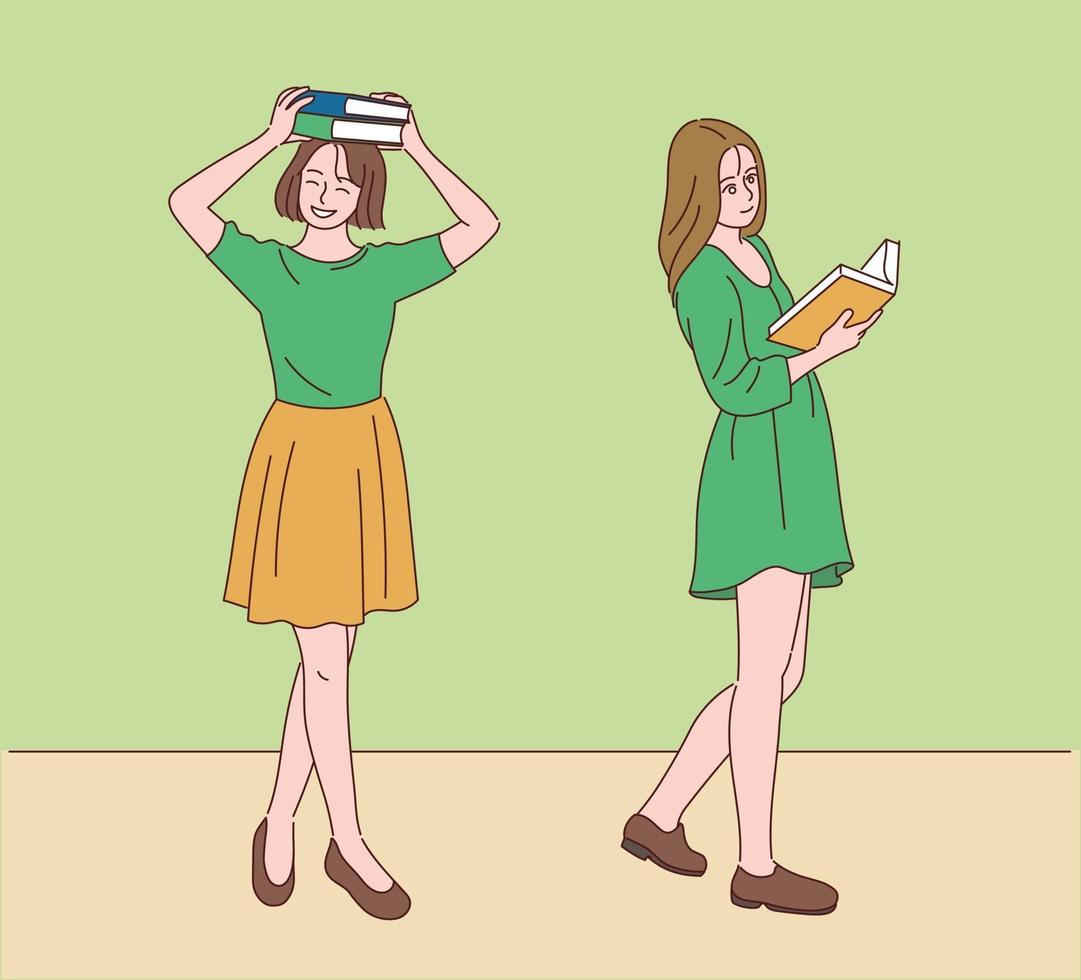 Two women are walking with books on their heads or open. hand drawn style vector design illustrations.