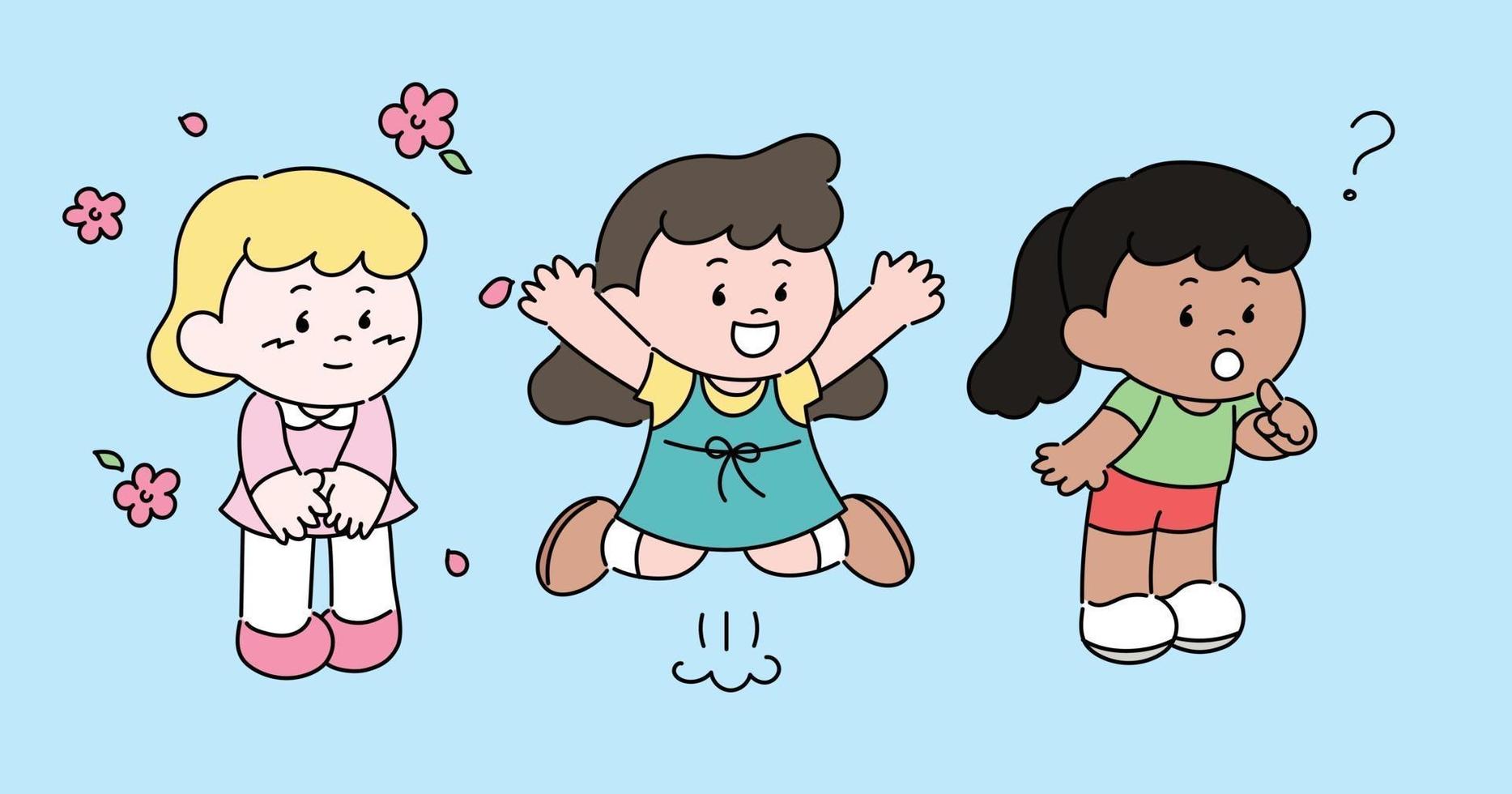 Cute girl characters are doing various poses. hand drawn style vector design illustrations.