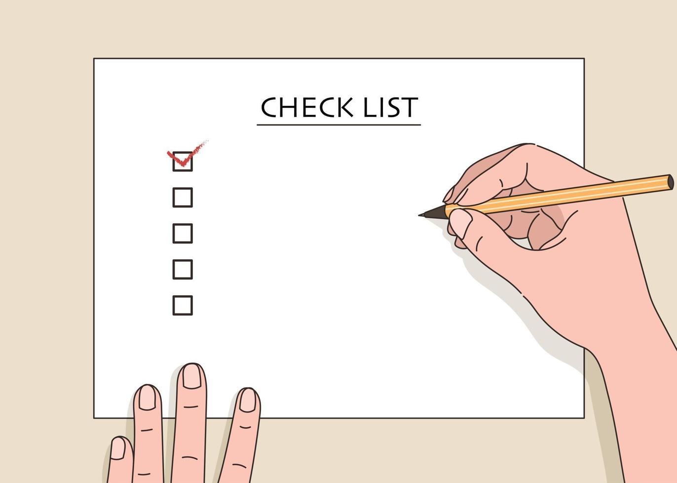 A hand writing a checklist on white paper. hand drawn style vector design illustrations.