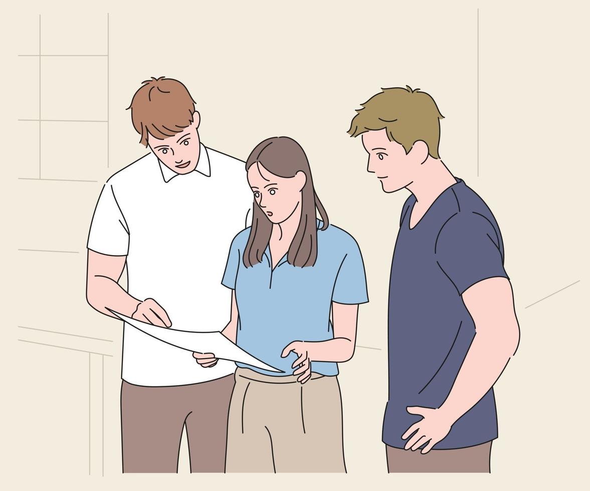 Three experts are looking at the paperwork together. hand drawn style vector design illustrations.