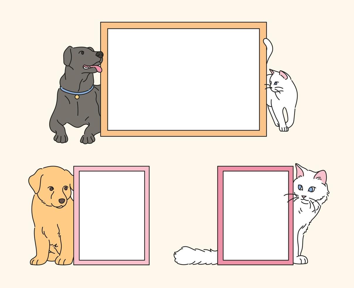 lindos perros y gatos alrededor de marcos vacíos enmarcados. ilustraciones de diseño de vectores de estilo dibujado a mano.