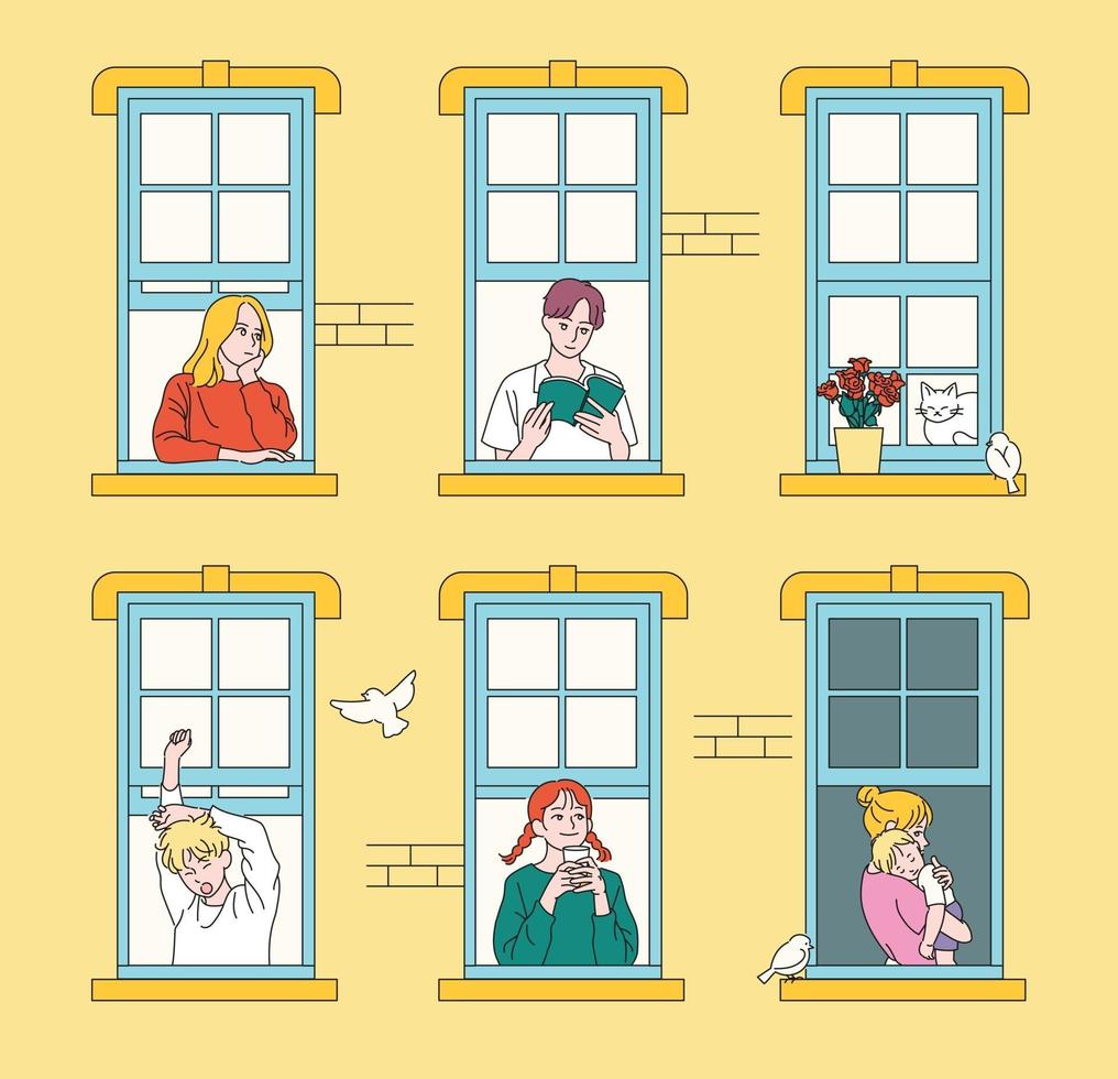 Neighbors seen through apartment wall windows. hand drawn style vector design illustrations.