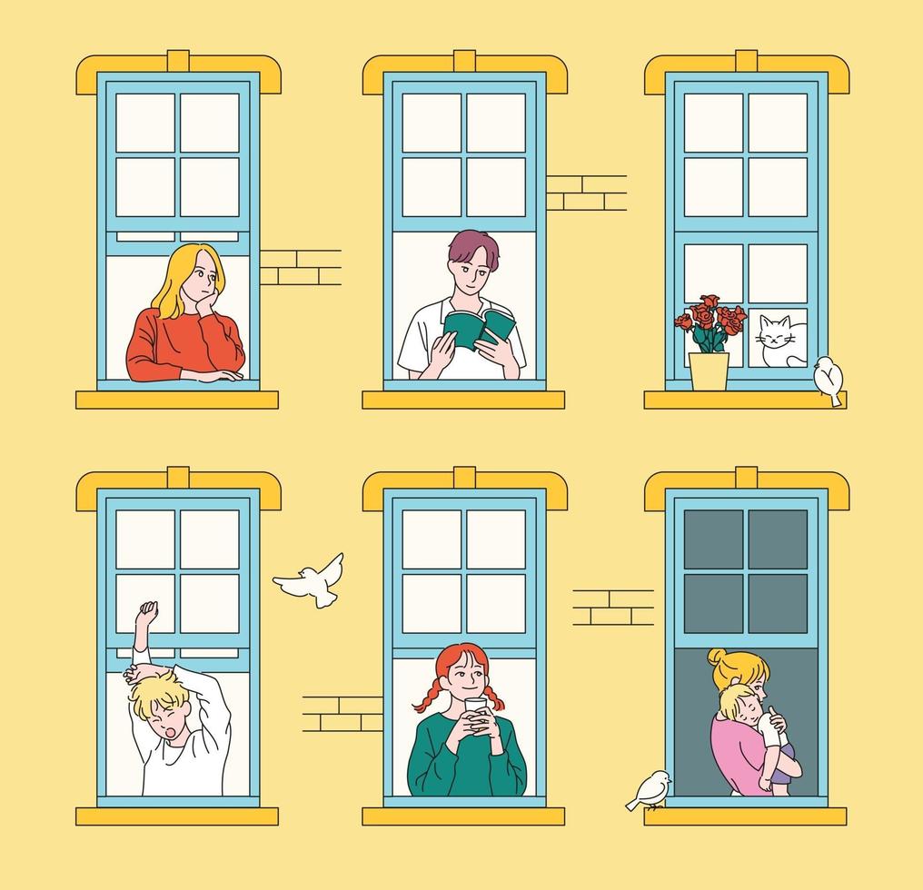 vecinos vistos a través de las ventanas de las paredes del apartamento. ilustraciones de diseño de vectores de estilo dibujado a mano.