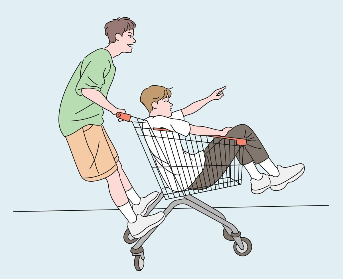 Two friends are playing with shopping cards. hand drawn style vector design illustrations.