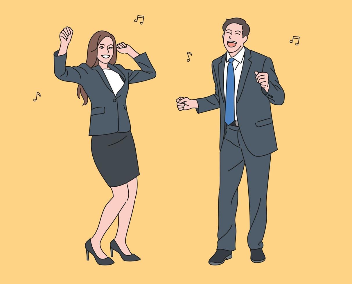 Male and female business people in suits are dancing and having fun. hand drawn style vector design illustrations.