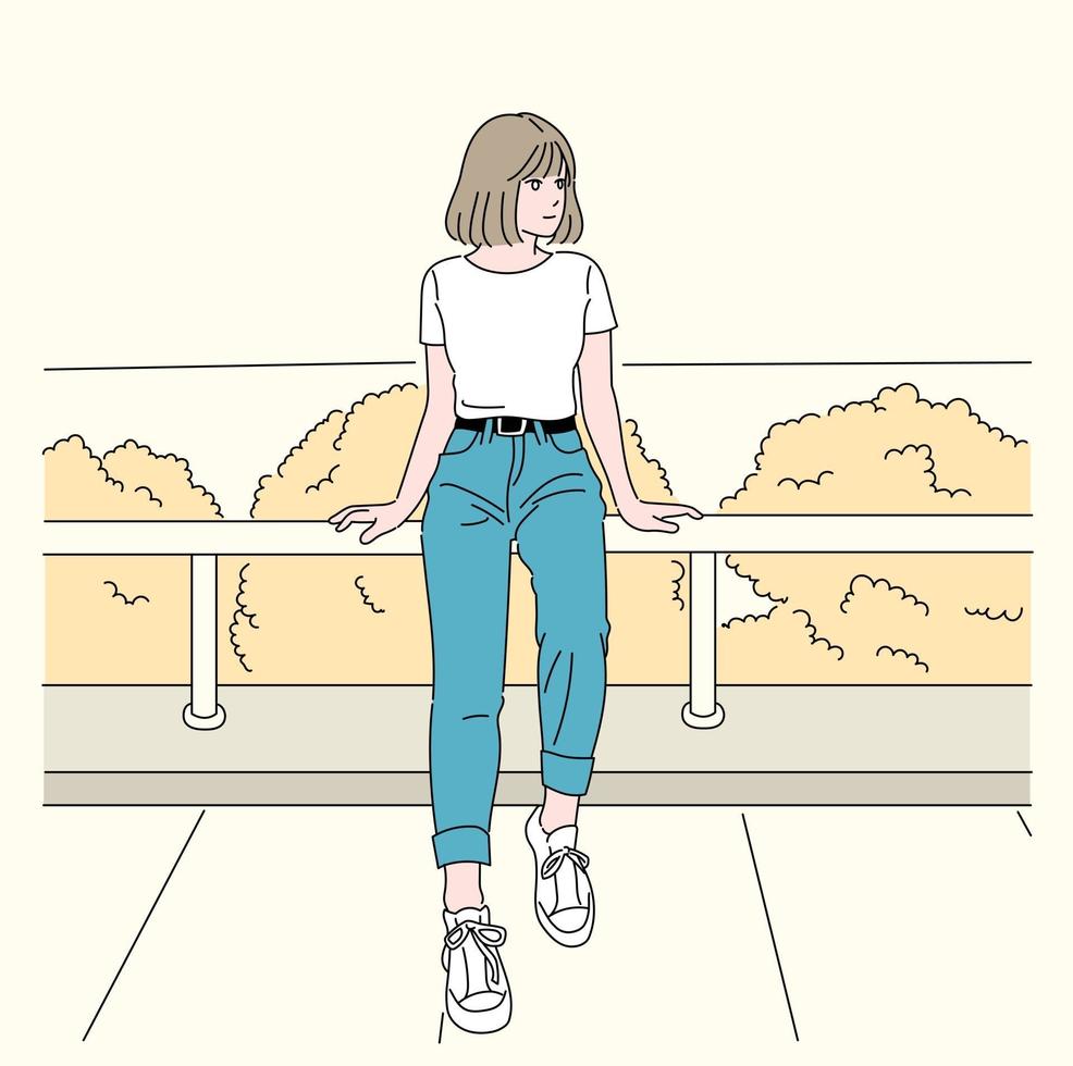 A girl is sitting on the railing. hand drawn style vector design illustrations.