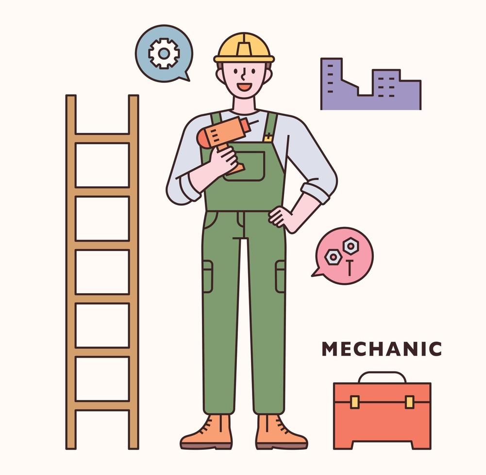 Engineer character and icon set. flat design style minimal vector illustration.