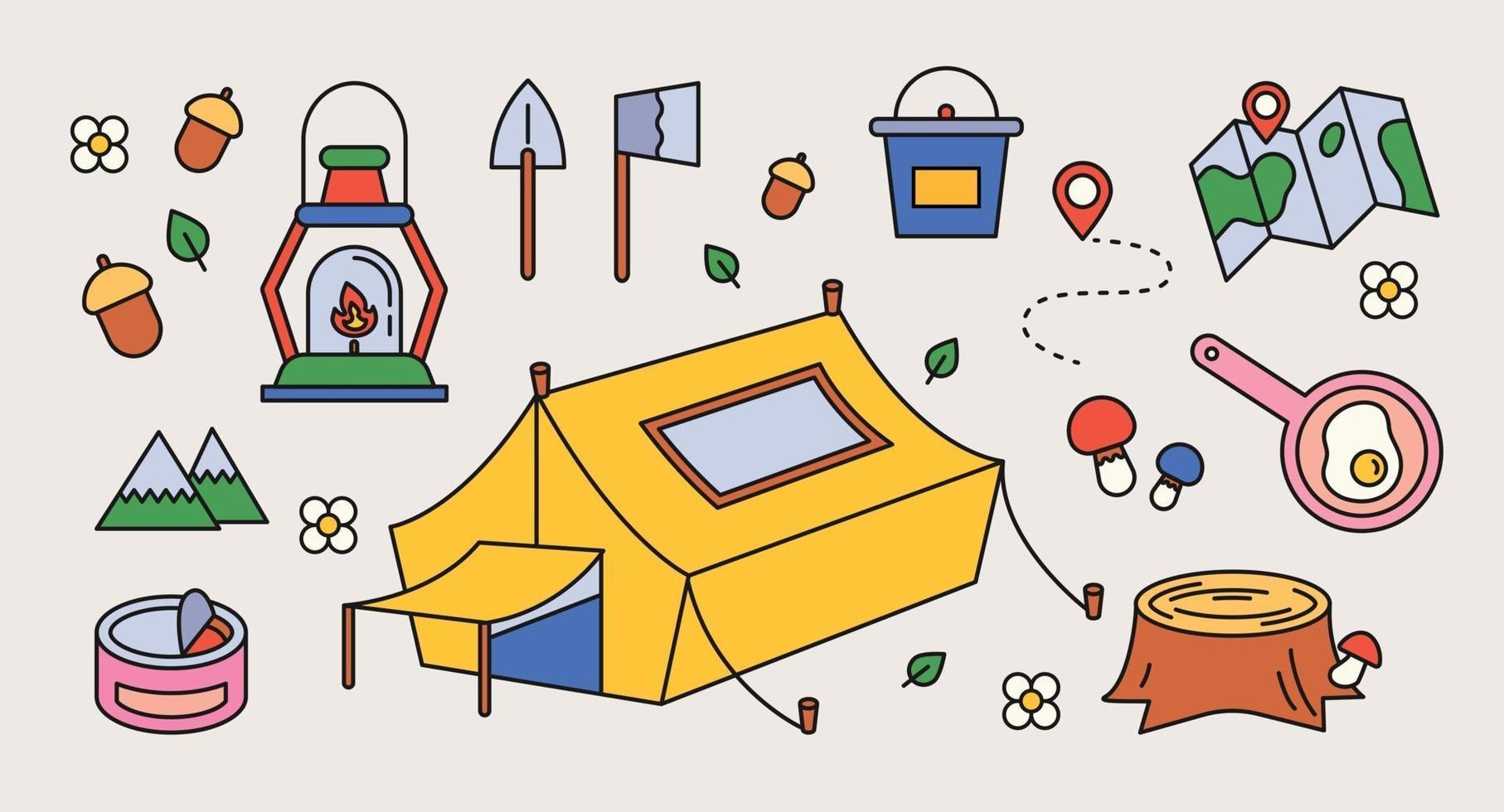 Collection of camping equipment. outline simple vector illustration.