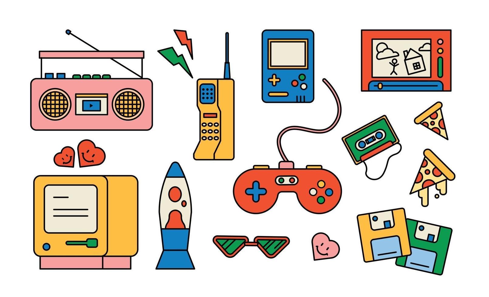 Collection of items from the 80s. outline simple vector illustration.