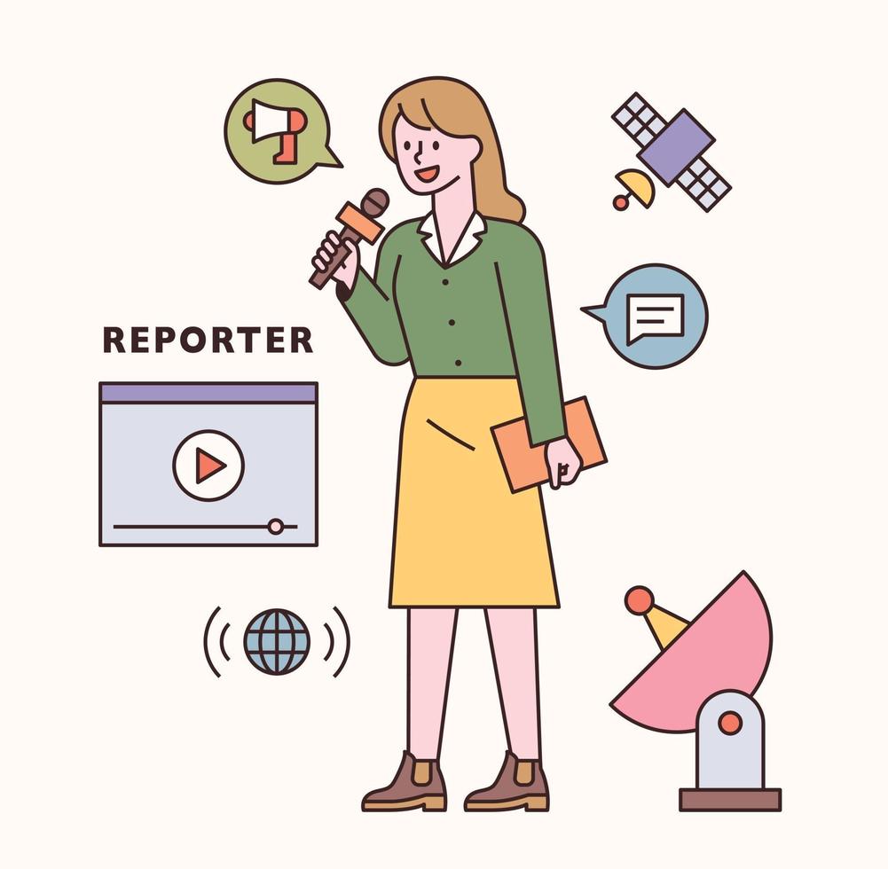 personaje de reportero y conjunto de iconos. Ilustración de vector mínimo de estilo de diseño plano.