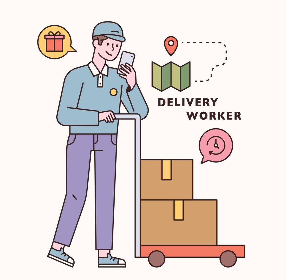 Delivery worker character and icon set. flat design style minimal vector illustration.