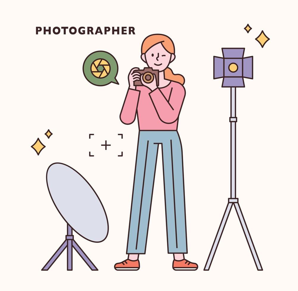 Photographer character and icon set. flat design style minimal vector illustration.