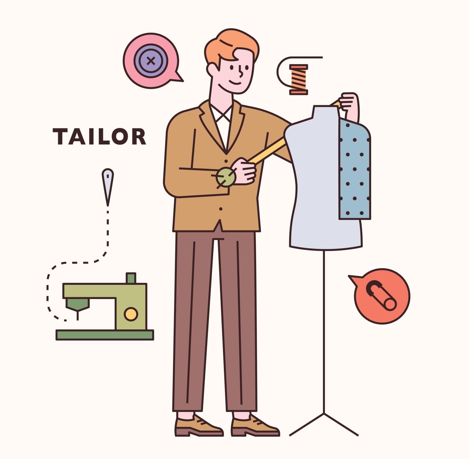 Tailor Character And Icon Set Flat Design Style Minimal Vector