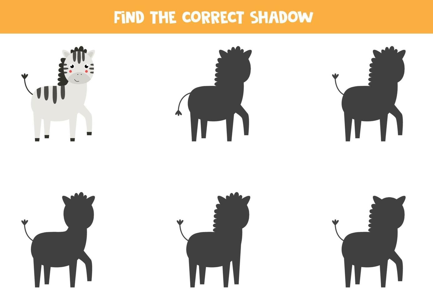 Find the right shadow of cartoon zebra. Logical game for children. vector