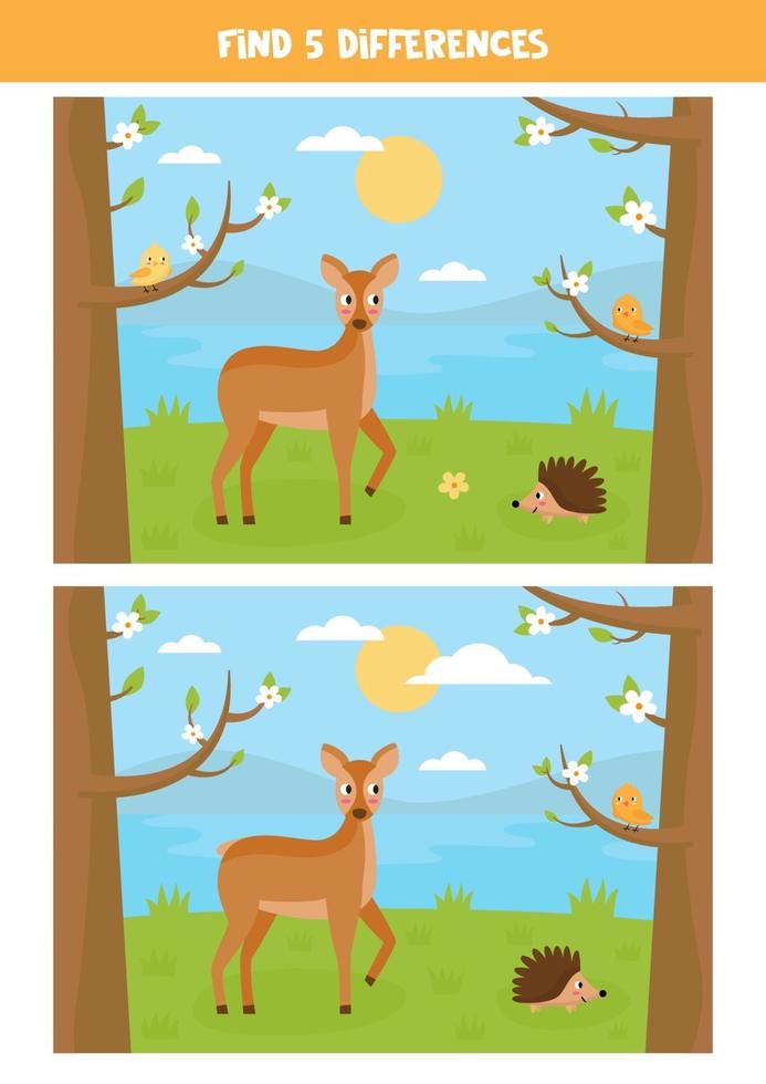 Cute cartoon landscape with hedgehog, deer and birds. vector