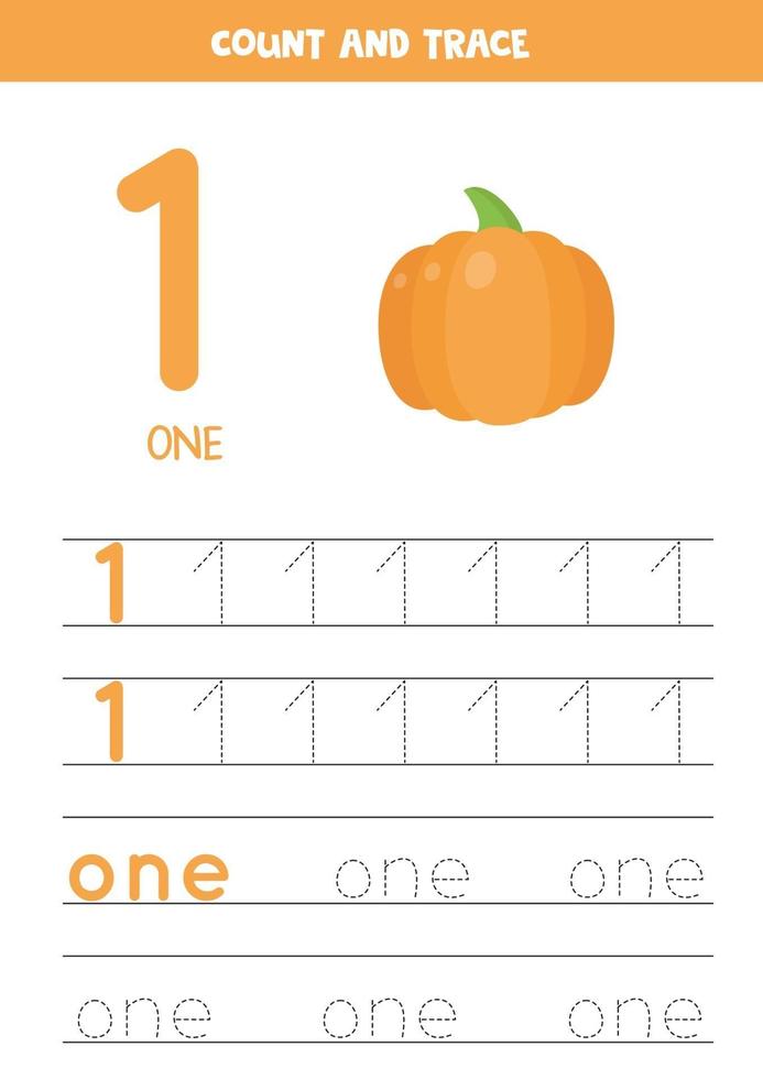 Worksheet for learning numbers and letters with cartoon pumpkin. Number One. vector