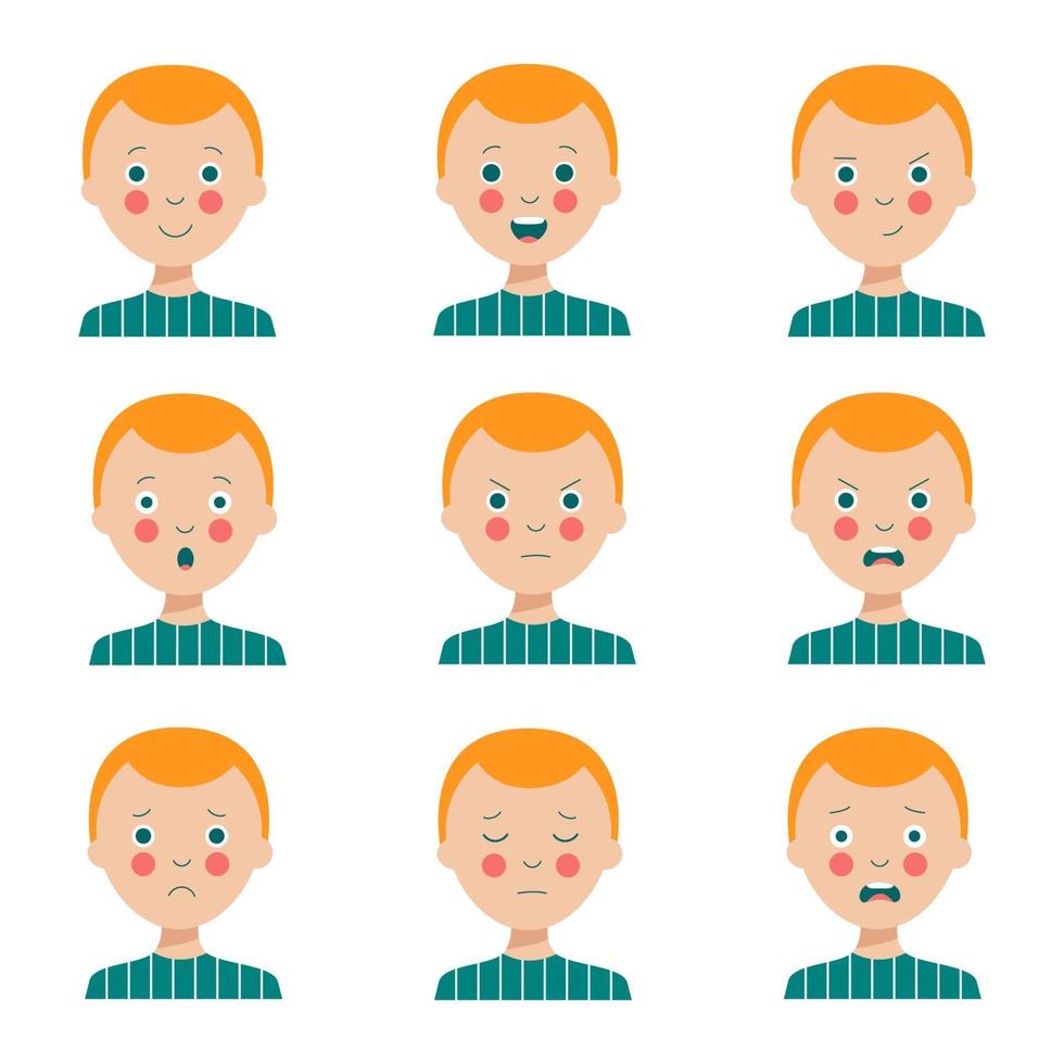 Set of various facial expressions of cute cartoon red haired boy. vector