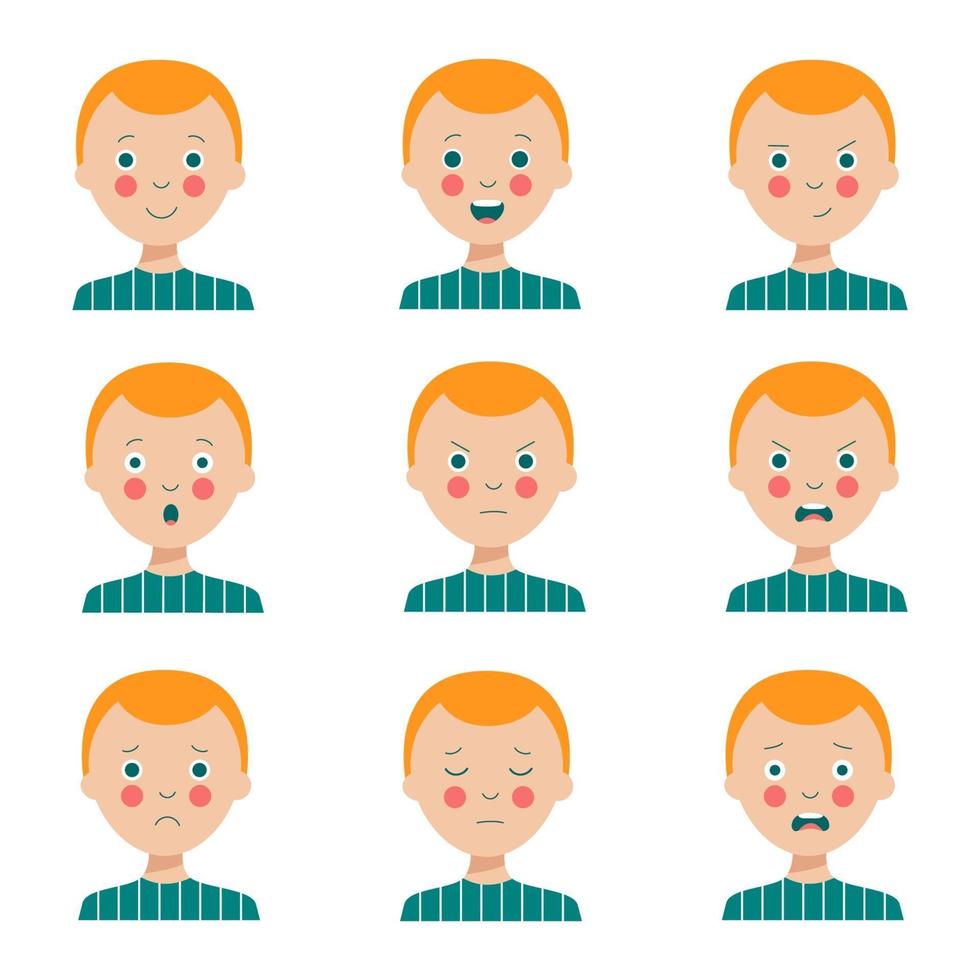 conjunto de varias expresiones faciales de dibujos animados lindo chico pelirrojo. vector