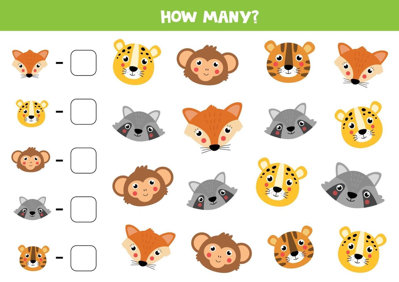 Counting game for kids. Cute animals face. Math worksheet. vector