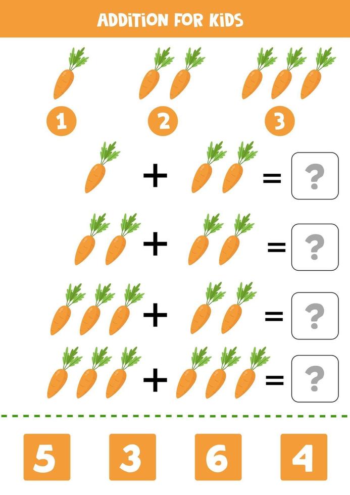 Addition for kids with cartoon carrot. Educational math game. vector