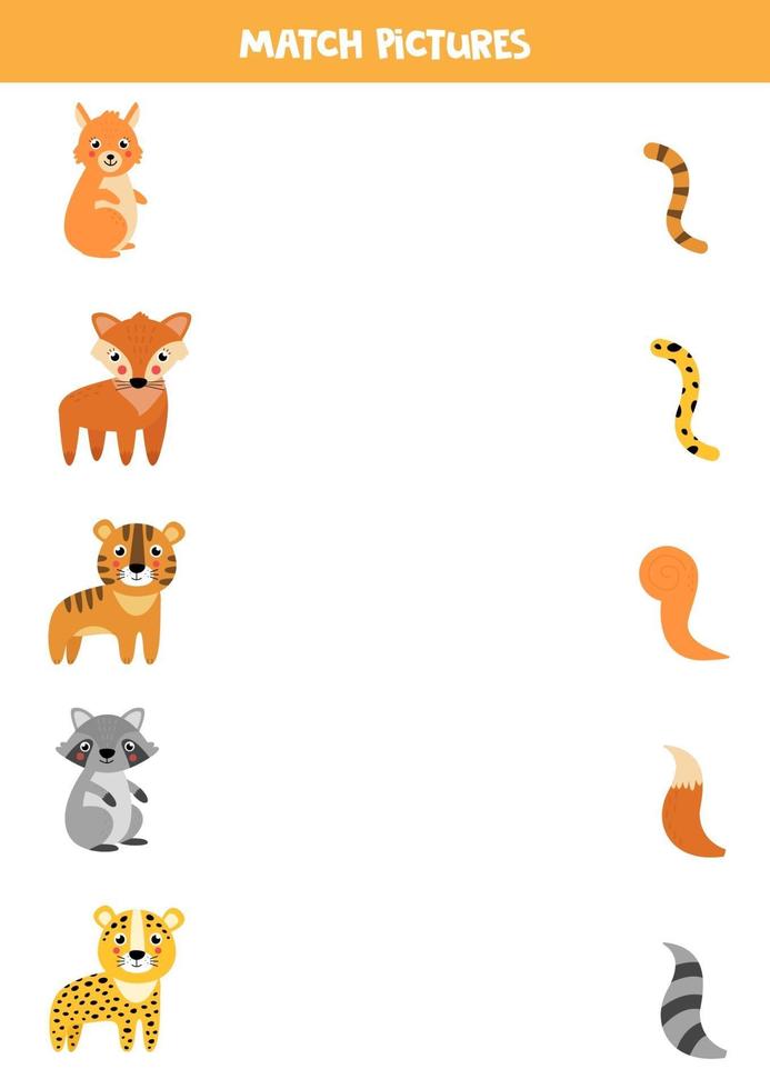 Coincidir con el animal y su cola. juego de rompecabezas para niños. vector