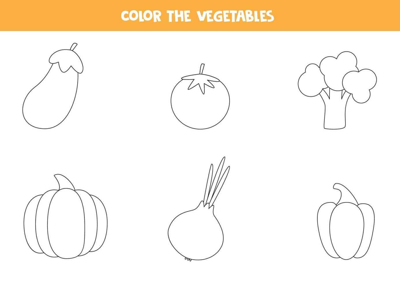 Coloring pages with vegetables for preschool kids, vector