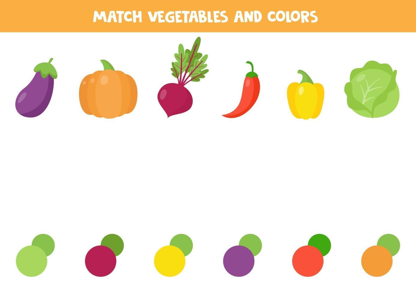 Match vegetable and its color. Cute carton beet, pepper, eggplant, pumpkin, cabbage. vector