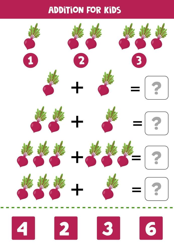 Addition with beetroot. Solve the equation. Math game for children. vector